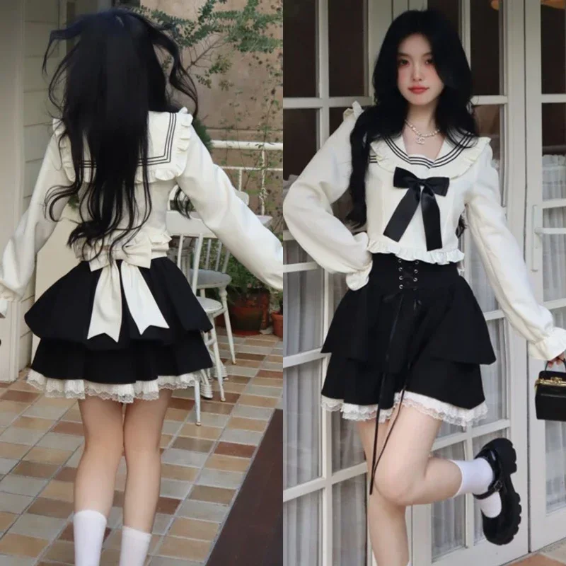 Dwuczęściowe zestawy damskie Navy Collar Bow Fungus Lace Top Tied Lace Black Sweet Skirt Set Cute Kawaii Suit Long Sleeve