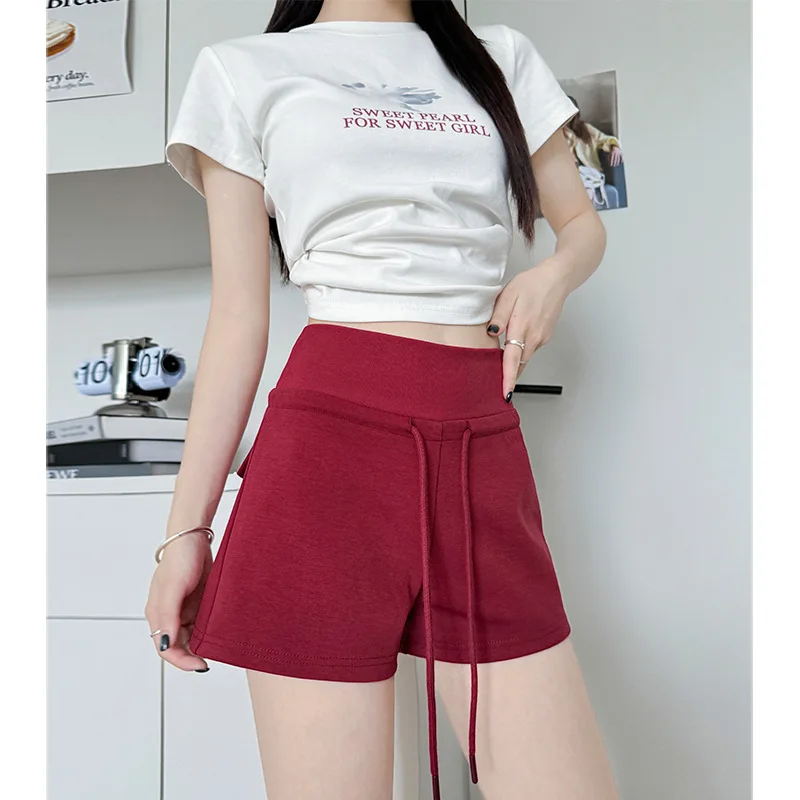 

Красные спортивные шорты для девочек, летний тонкий стиль, утягивающие широкие брюки с высокой талией и завязками, обтягивающий бедра дизайн для йоги