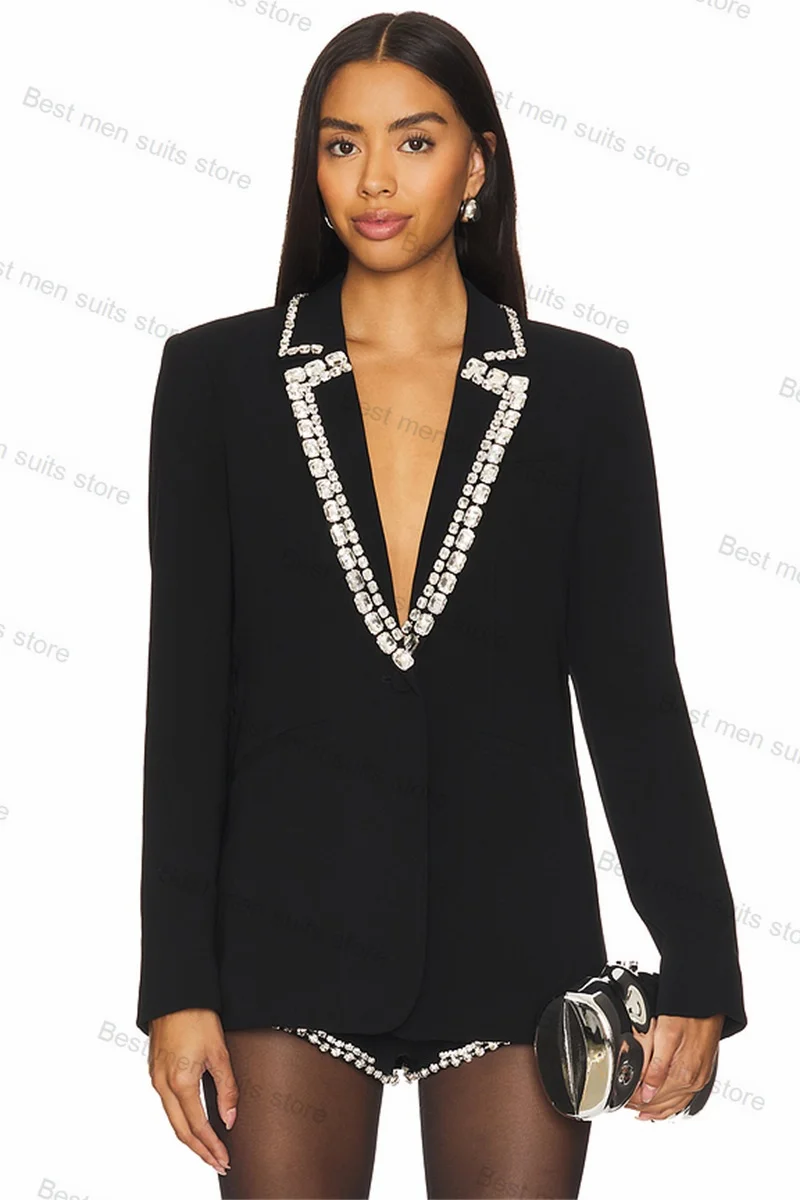 Black Crystals Women Suit Set 2 Piece Blazer+Short Pants Jacket Wedding Tuxedo Sexy V Neck Formal Cotton Prom Coat Custom Made