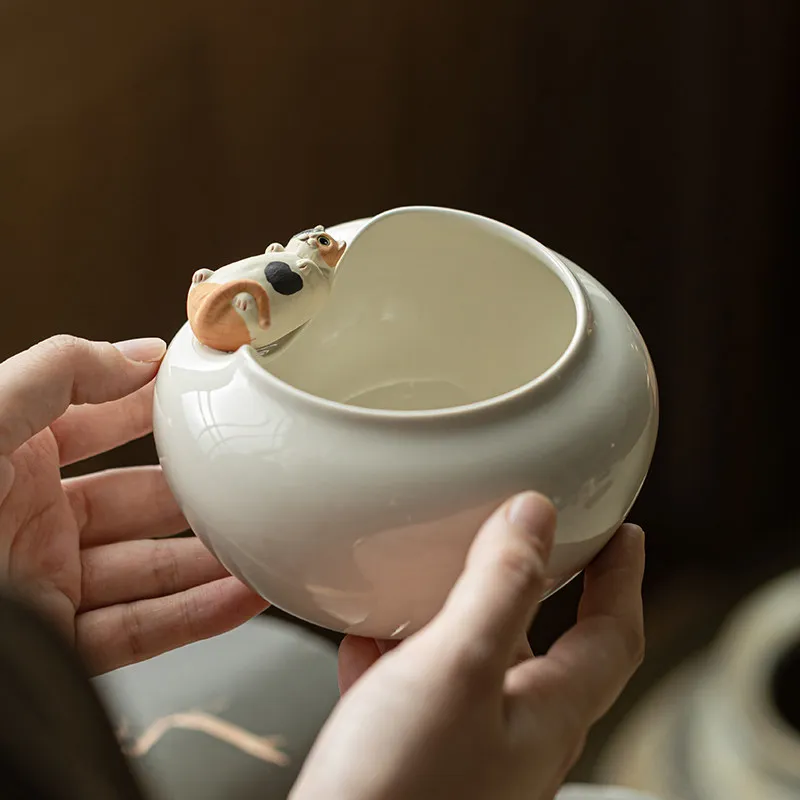 Wood Glaze Cat Tea Wash Bowl, Ceramic Cup Rinse Basin and Tea Waste Container for Oolong, Green Tea and Herbal Infusions
