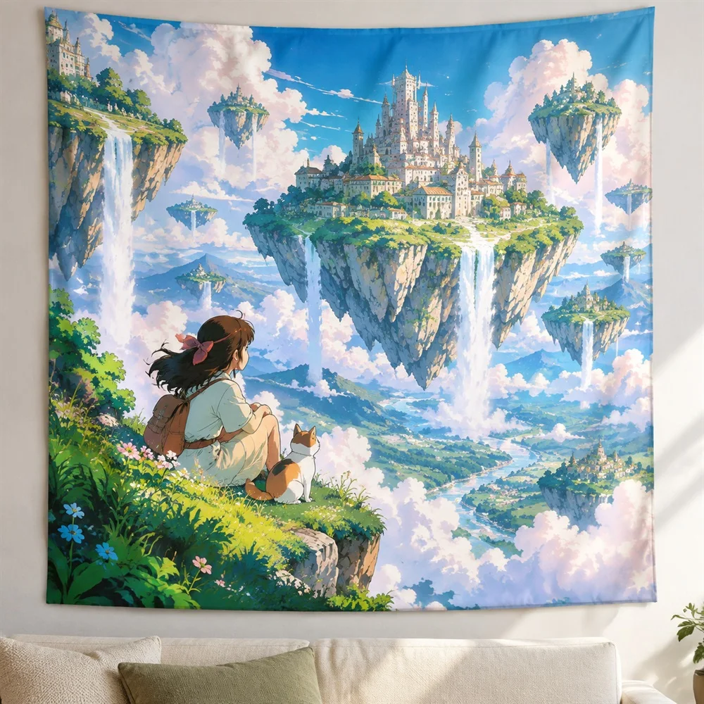 VIKAMA Floating Islands Anime Tapestry Wall Hanging, Aesthetic Fantasy Anime Room Decor Tapestries for Bedroom Living Room Study