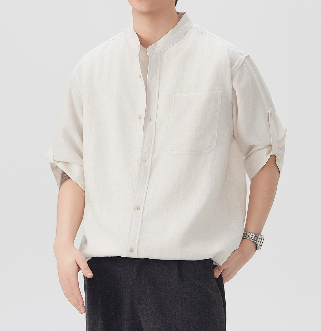 Shirt Men's Short-sleeved White Shirt 2026 Summer Imitation Cotton and Linen Casual Men's Seven-quarter Sleeves