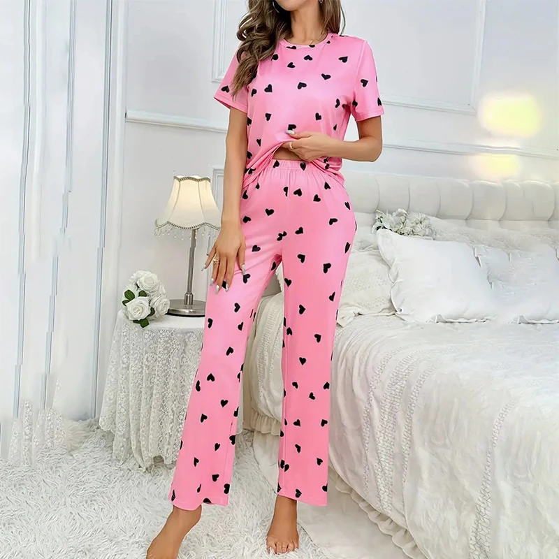 

Women Casual Heart Print Pajama Set Summer Short Sleeve Crew Neck Top & Elastic Pants Pajamas Sets Women Sleepwear & Loungewear