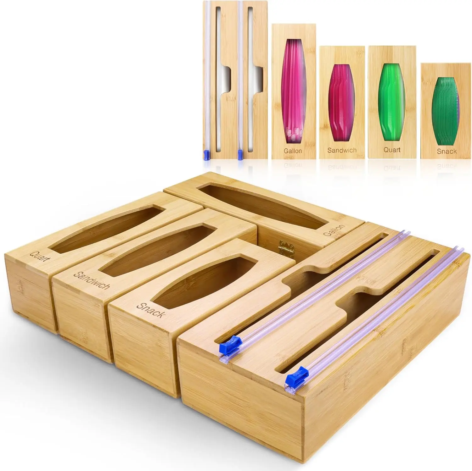 

Individual Storage Bag Organizer for Kitchen Drawer, Bamboo with Foil and Plastic Wrap Organizer for Kitchen Organizers