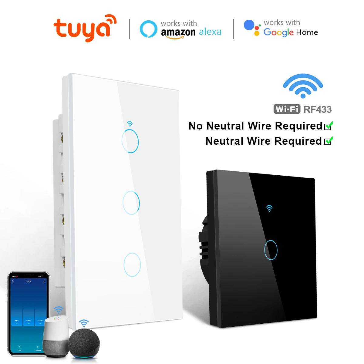 

Умный Wi-Fi-переключатель Tuya, сенсорный датчик, настенные выключатели, приложение для умного дома, голосовое управление для Alexa Assistant, НЕТ wymagania нейтрального провода