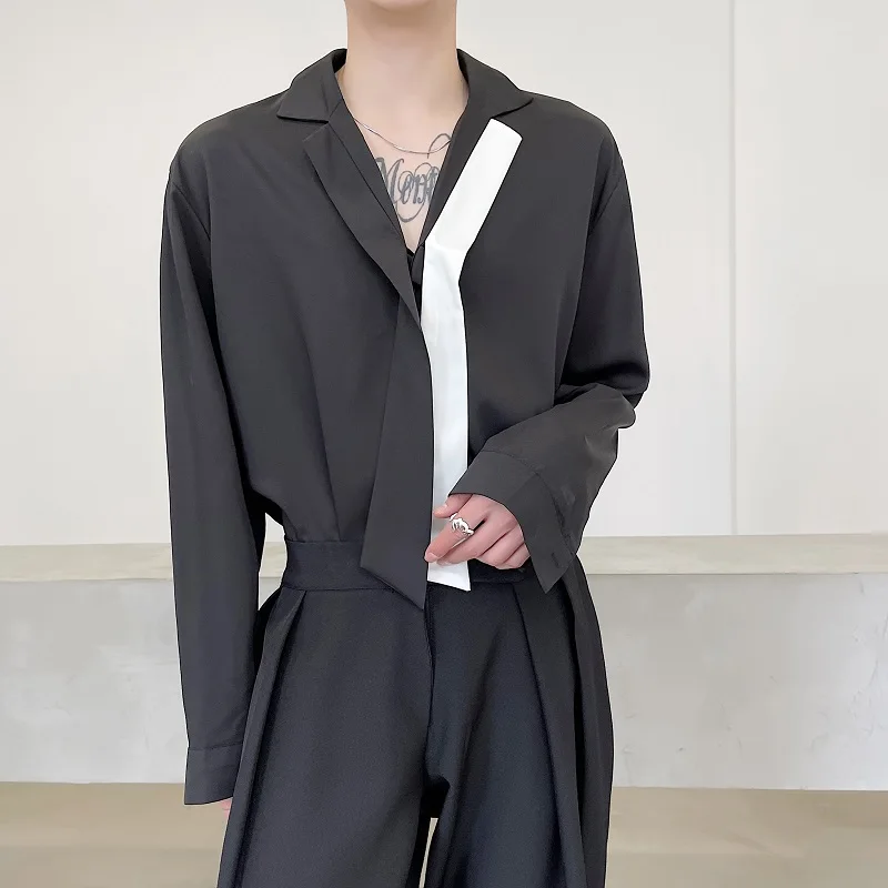 

Early Autumn Loose Men's Long Sleeve Shirt Dark Color Contrast Hairstylist Style Fashionable Korean Version Loose Fit Shirt