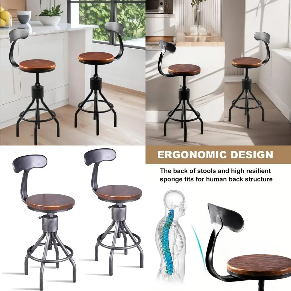 Taburete de bar ajustable vintage industrial con base de hierro fundido, altura de mostrador de cocina, silla giratoria con respaldo