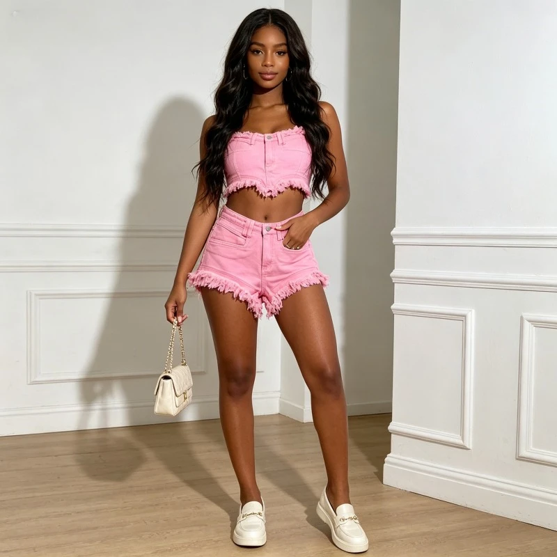

Denim Shorts Women Jeans Vintage Slim Fit Low Waist Straight Trousers Y2k Streetwear Washed Frayed Tassel Beach Casual summer