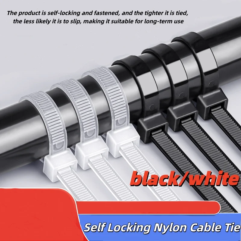 M5 M8 Tie Self-Locking Design Plastic Reusable Nylon Ties Cable Plastic Wire Fixed Strap White/Black Self-Locking StrongTensile