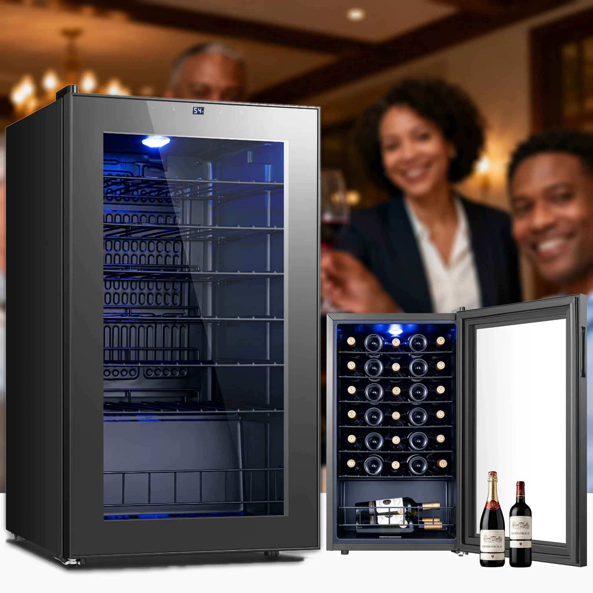 

Mini Wine Fridge – 12/20/28/34/46 Bottles Wine Cabinets, 38-65℉ Freestanding Wine Refrigerator with Blue Ambient Lights for Home