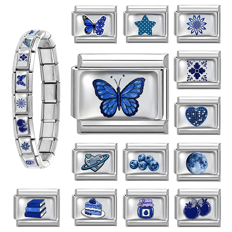 Fashion Blue Star Heart Butterfly Cake Blueberry Italian Charms Fit 9mm Stainless Steel Bracelet DIY Making Jewelry Wholesale