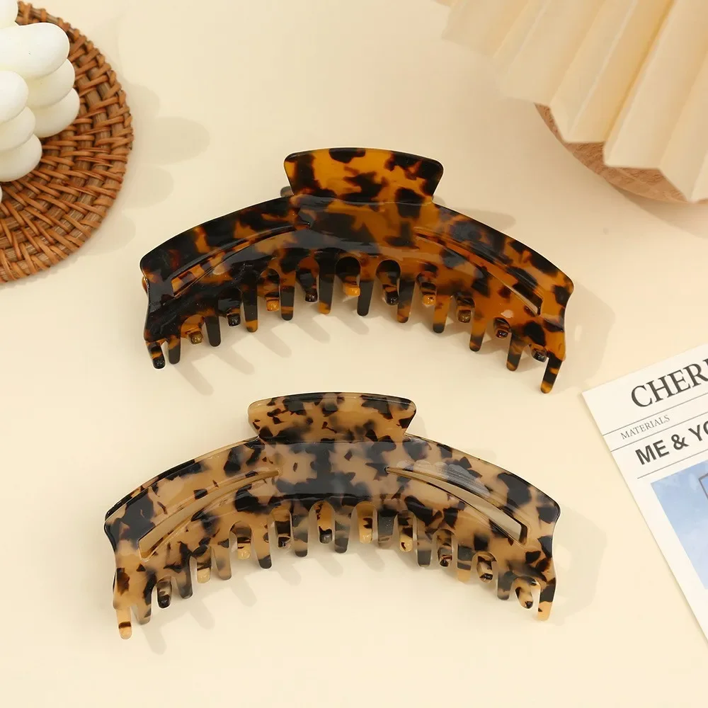 

New Oversized Leopard Print Grab Clip Acetate Hair Claw Deep Tortoiseshell Retro Design Shark Clip Women's Hair Accessories