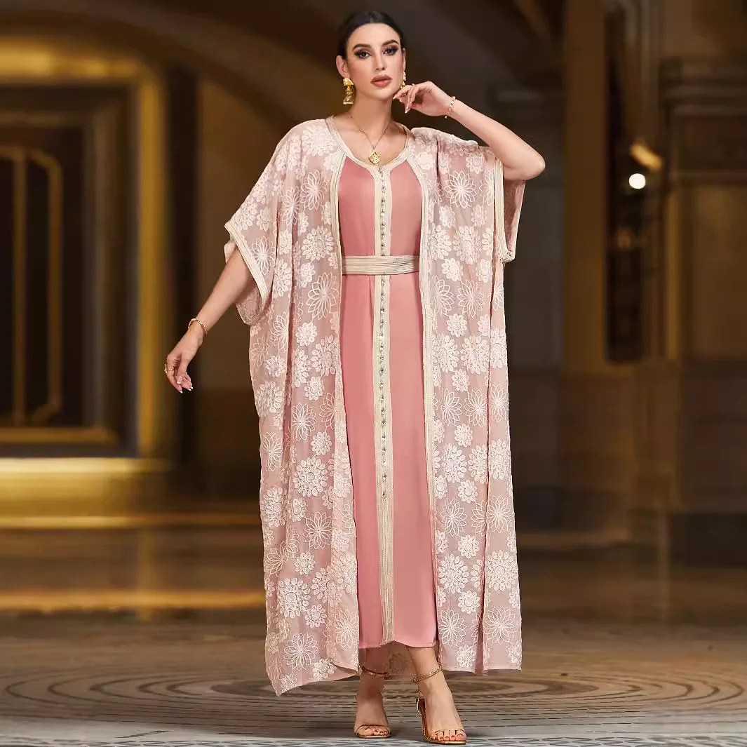 Uni-Caftan musulman marocain pour femme, manches courtes, broderie, ouvert, Abaya, robe ceinturée, faux ensemble 2 pièces, Turquie, Dubaï, Eid, Robe Maxi Ramadan