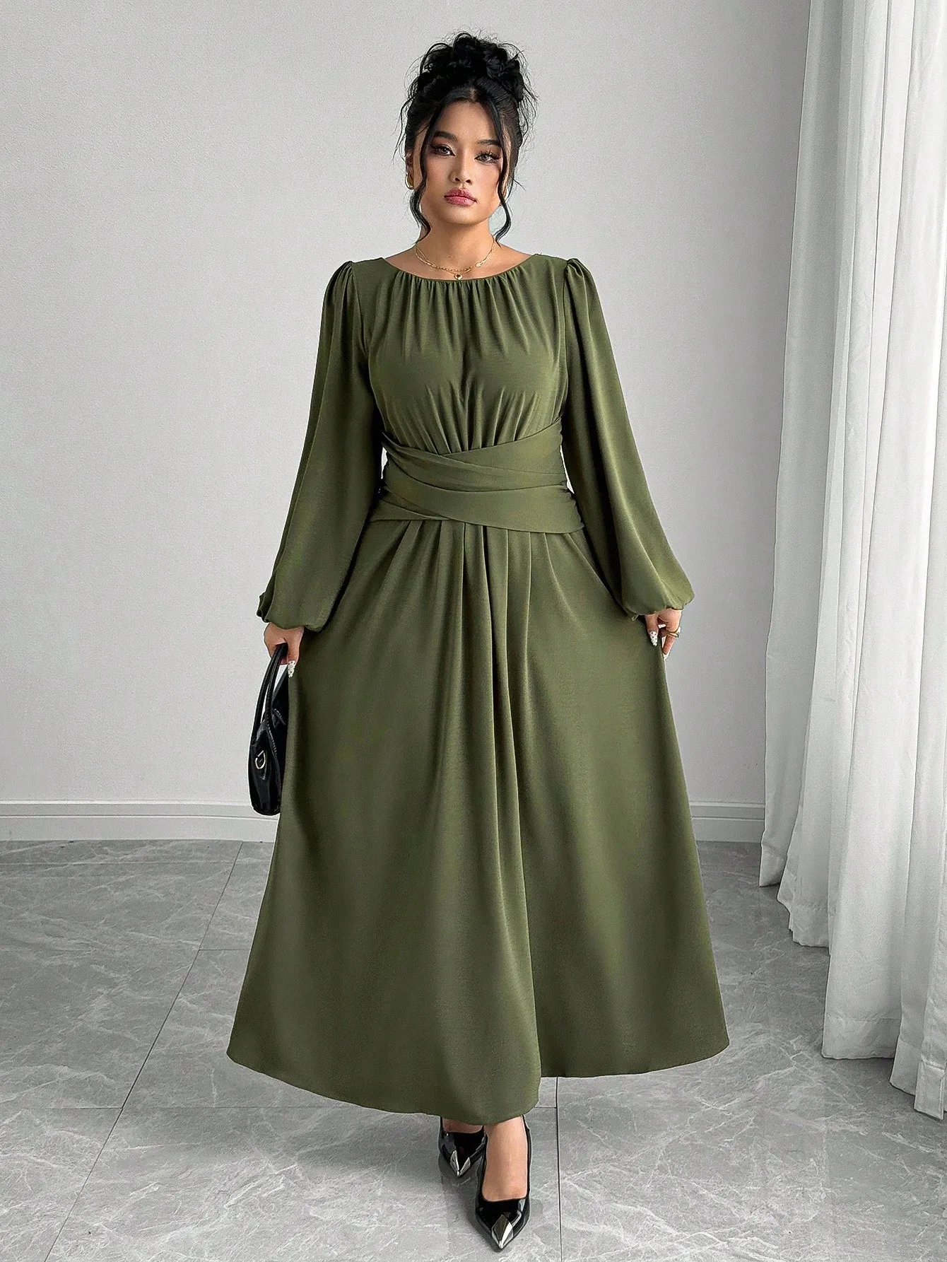 

Женское винтажное плиссированное платье больших размеров с рукавами-фонариками, эластичной талией, круглым вырезом, цвета хаки, для офиса и повседневной носки