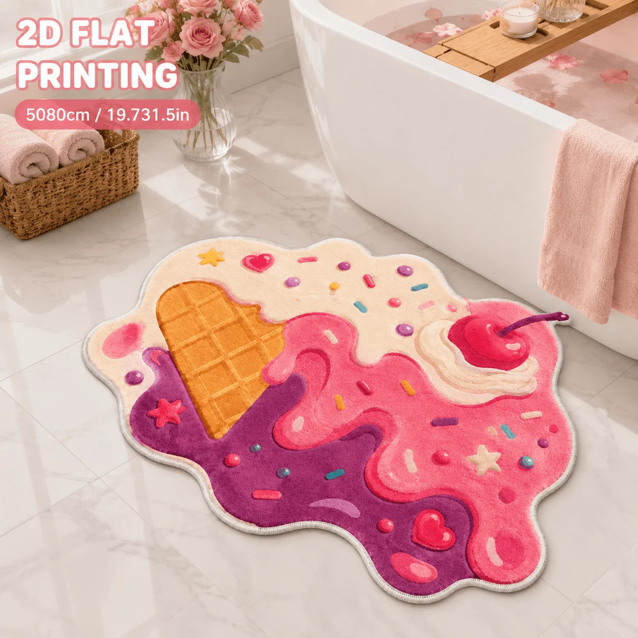VIKAMA Irregular Melty Ice Cream Floor Mat Colorful Candy Heart Star Pattern 2D Flat Print Non Slip Rug Sweet Style Decor Mat