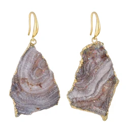 Irregular Sun Agate Slice Drop Earrings for Women Girls Gold Color Druzy Quartz Stone Ear Jewelry
