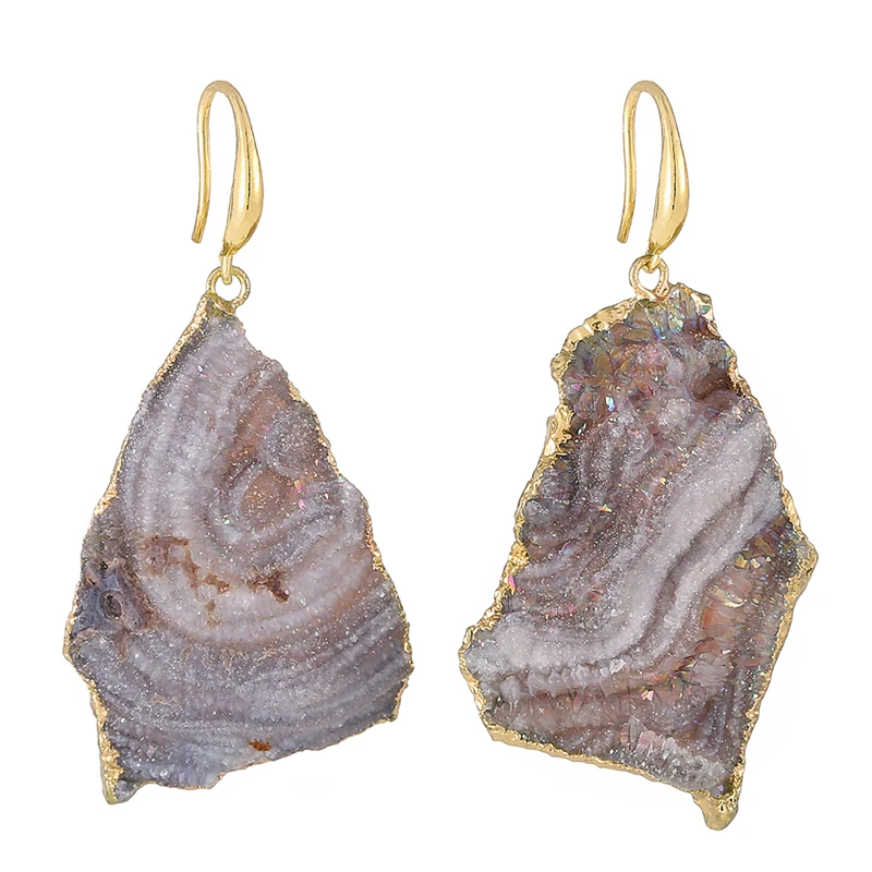 Irregular Sun Agate Slice Drop Earrings for Women Girls Gold Color Druzy Quartz Stone Ear Jewelry
