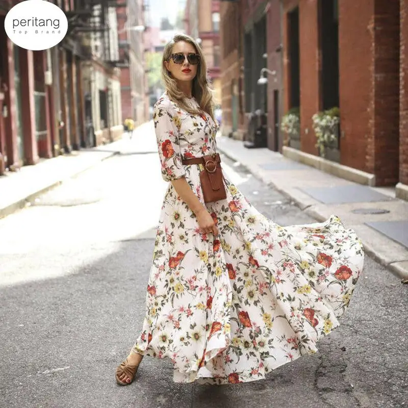 Summer Boho Floral Long Dress Women Round Neck Nine-point Sleeve Sexy Dress Fashion Weekend Beach Party Dresses Female