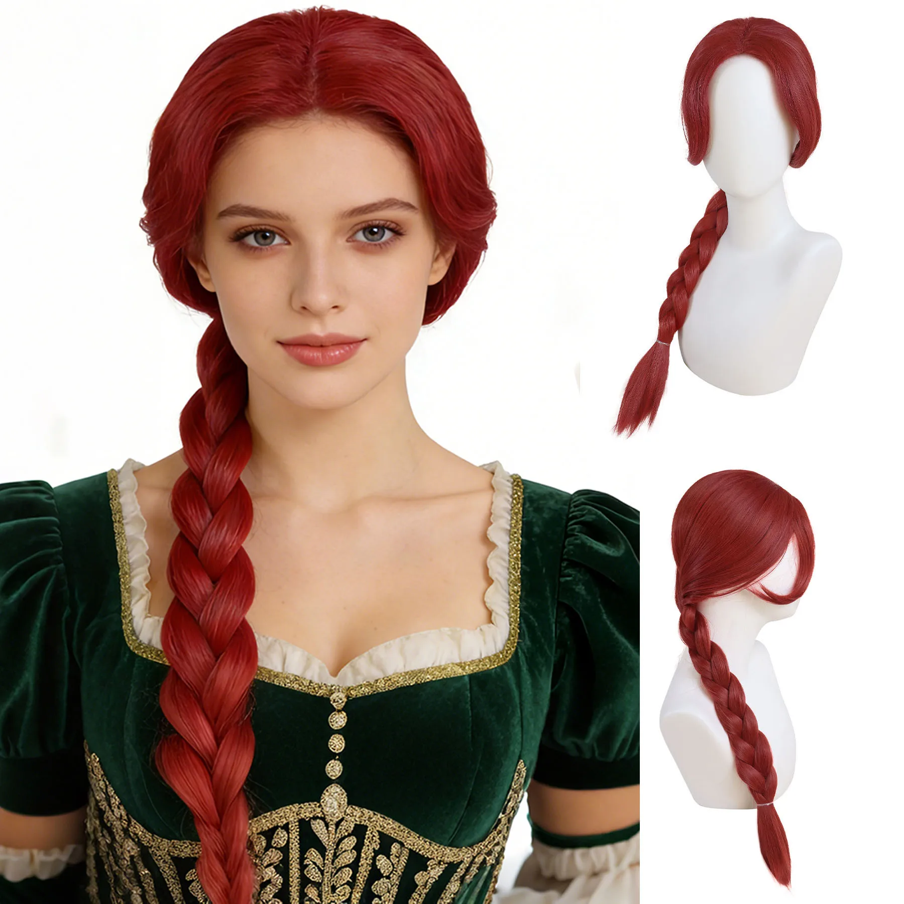 Synthetic Red Princess Cosplay Wigs for Women Girls Long Braided Wig with Bangs Halloween Costume Anime Themed Party Daily Use