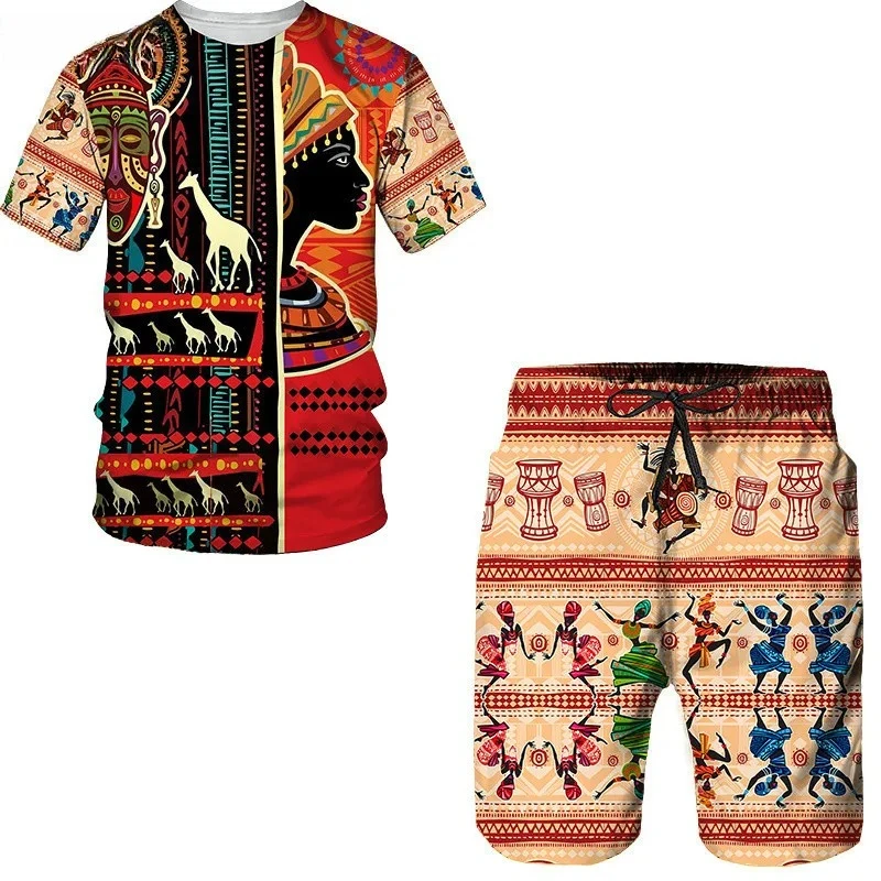 2025 Summer 3D Printed African Folk Pattern Men's T-shirt and Shorts Set 2-piece Set Hip Hop Style Short Sleeve Round Neck