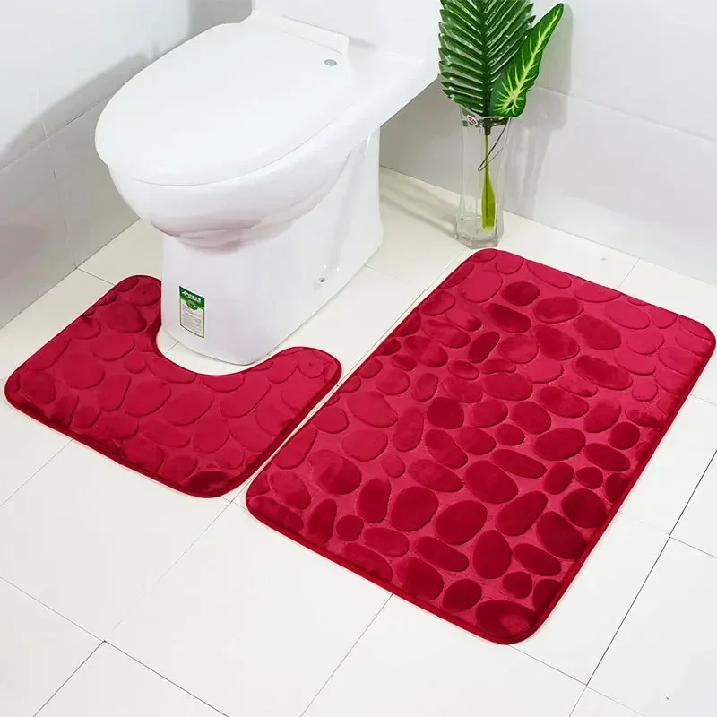 Set of 3 Bathroom Bath Mat Set Soft Non Slip 2PCS Cobblestone Mat Bathroom Rug Absorbent Shower Carpets Toilet Lid Cover Floor