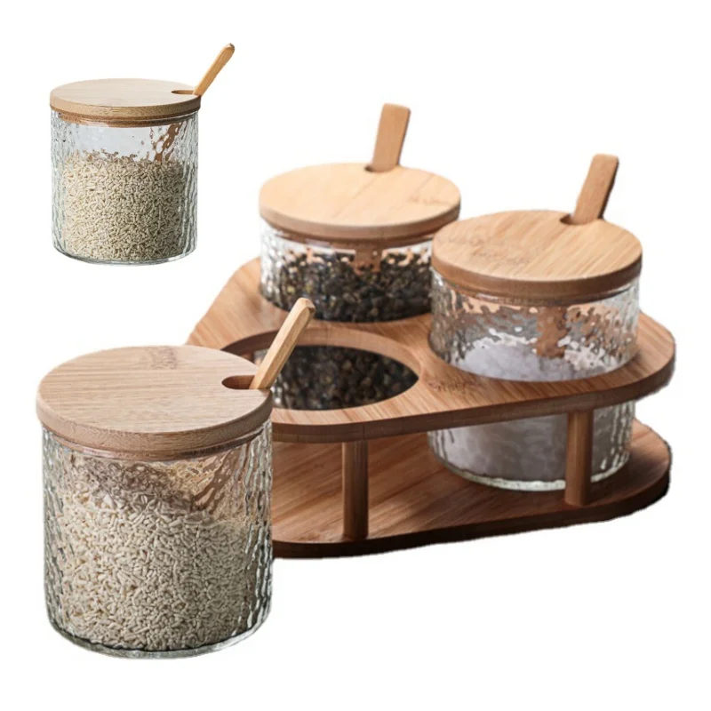 

280Ml 3PCs/Set Seasoning Containers Set Japan Hammered Glass Round Wooden Rack with Spoon Storage Tank Salt Sugar Storage Bottle