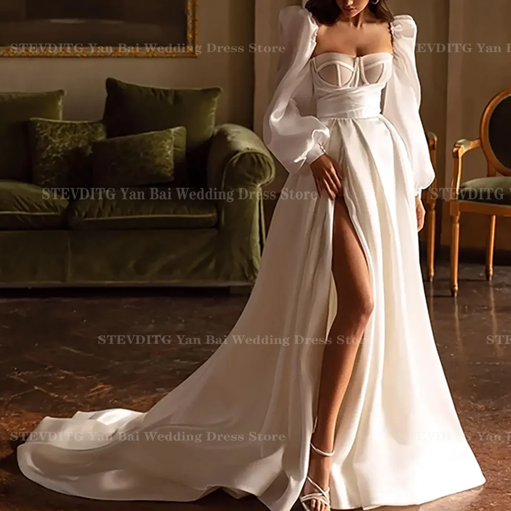 

2025 New Arrival Long Puff Sleeves Prom Dresses Sexy High Side Slit Sweep Train Custom Made Evening Party Dress Women Wear