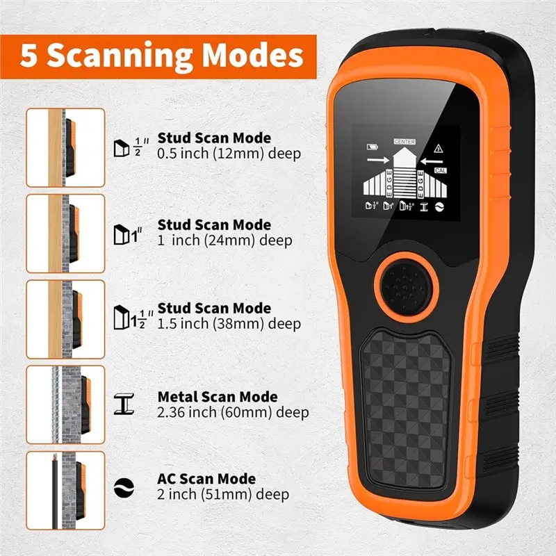 AS95-Stud Finder Scanner de parede 5 em 1 Detector para madeira, metal, fios CA, tela LCD de alta definição Alarme sonoro