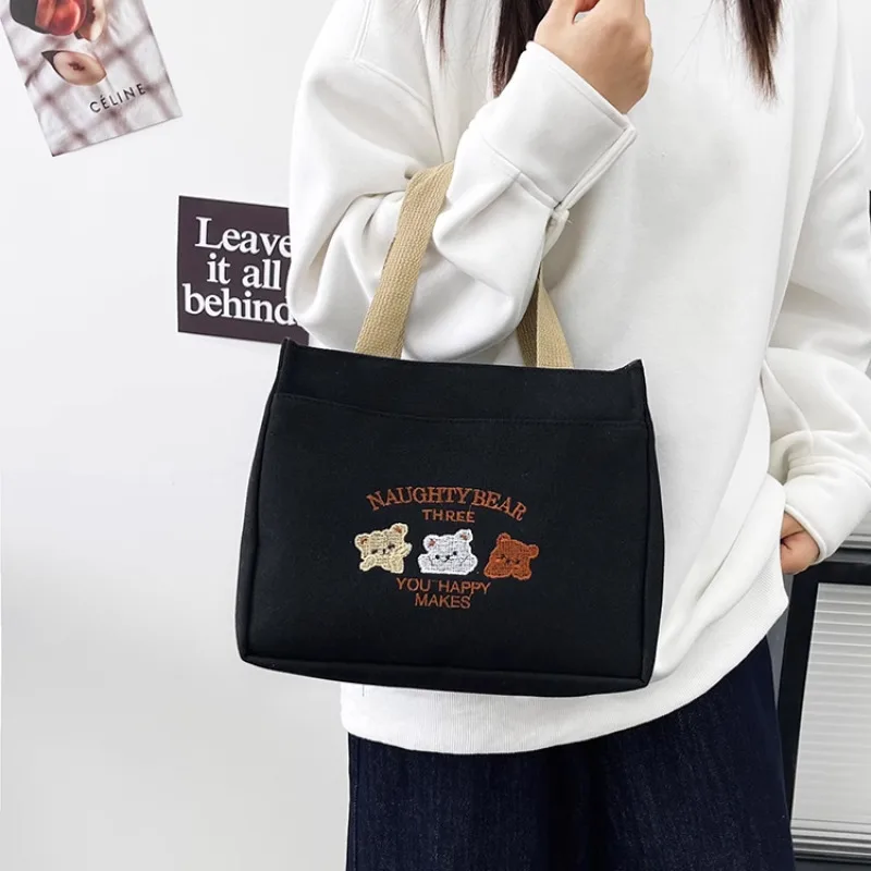 

Повседневная сумка для обеда с медведем, легкая маленькая квадратная сумка, милая маленькая квадратная сумка с холщовой вышивкой для прогулок, повседневная сумка