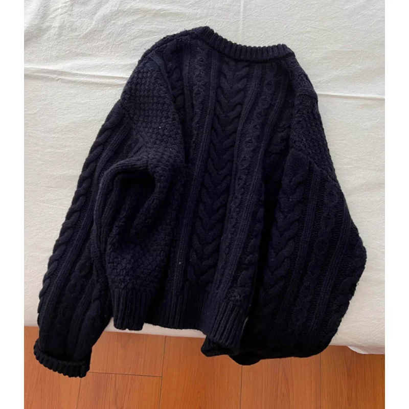 Women Clothing Korean Navy Blue Knitting Sweater Round neck Long Sleeves Vintage Casual Korean Fashion Baggy Ladies Spring Tops