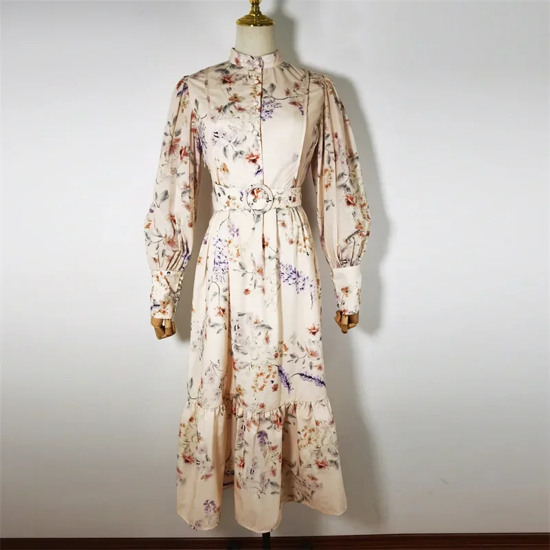 Spring Autumn 2024 New Fashion Women Stand Long Lantern Sleeve Flower Print Belt Button Folds Casual Mermaid Long Dress