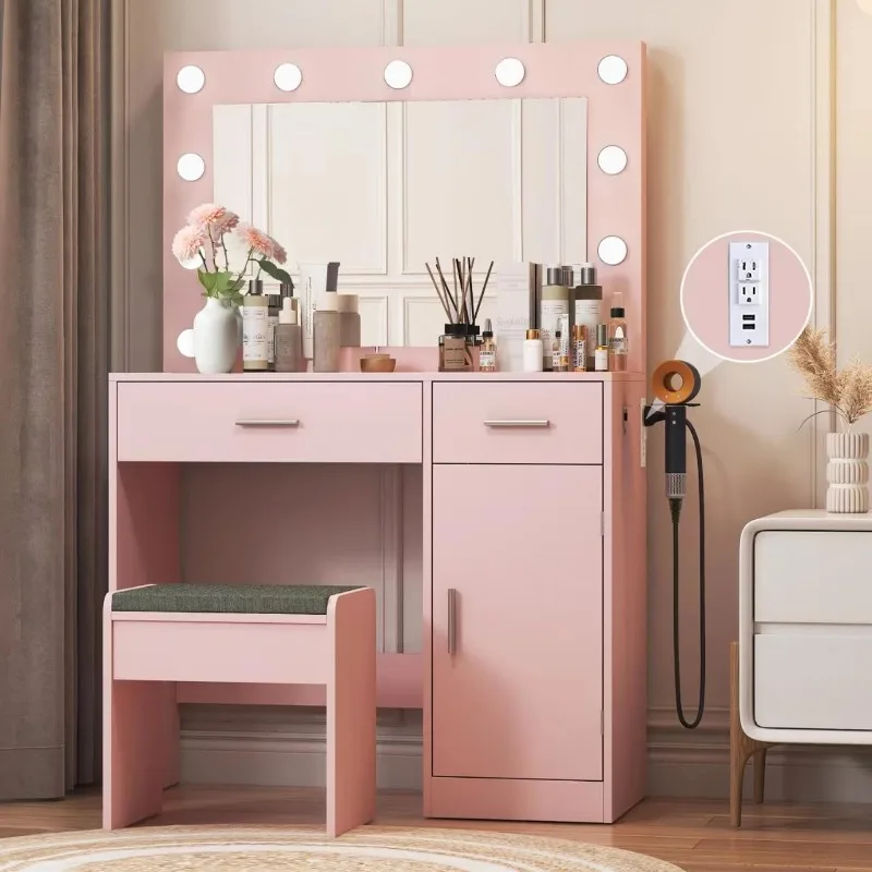 Vanity Desk with Mirror and Light, , 3 Adjustable Lighting Modes, Bedroom Vanity Table (Pink)