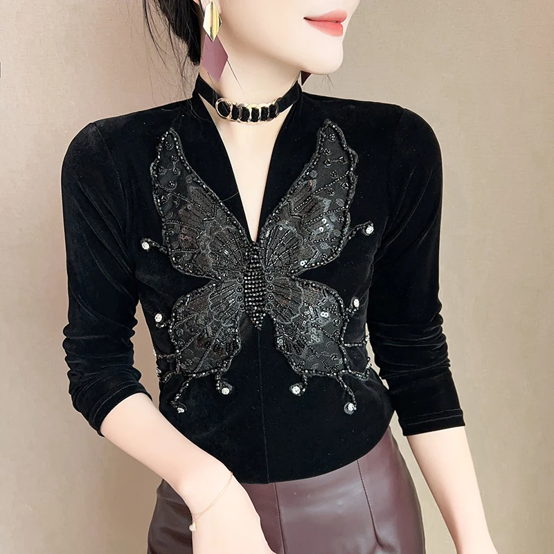 MadBlack-Women European Velvet T-Shirt, Sexy V Neck Beading Butterfly, Korean Long Sleeve Slim M-3XL Tee, 2026 Autumn T6O410CC