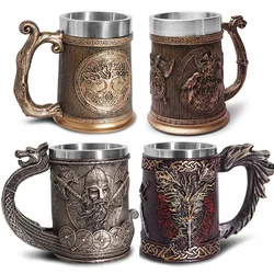Medieval Runes Beer Mugs Coffee Cups Viking Pirate Dragon Head 3D Resin & Stainless Steel Tankard Christmas Fans Gifts Men