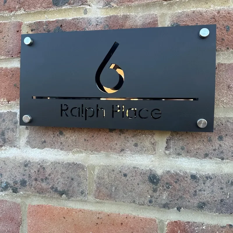 Modern residential wall panels, acrylic door panels, matte grey / matte black / matte white, custom address signs, 3D suspended