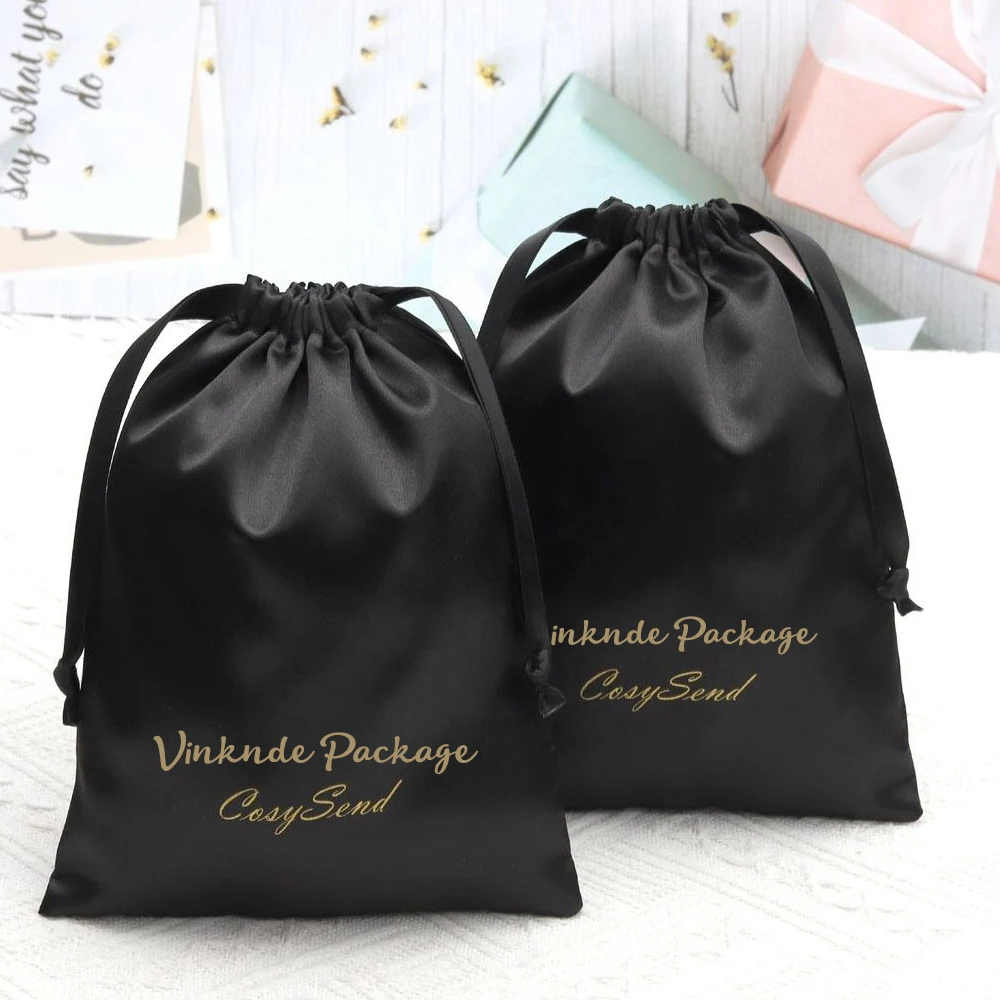 

Черная атласная сумка 10*15 см, атласная ткань с принтом логотипа, сумка на шнурке для парика, ювелирные изделия, духи, шелковые сумки Keychina