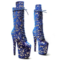 Leecabe  20CM/8inches Blue color Gold leaf pattern Pole dancing shoes High Heel platform Pole Dance boot