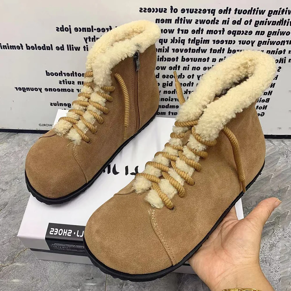 

Зимние женские ботинки больших размеров, повседневные ботильоны на плоской подошве, нескользящие теплые зимние ботинки на меху, модная кожаная женская обувь, хлопковая обувь