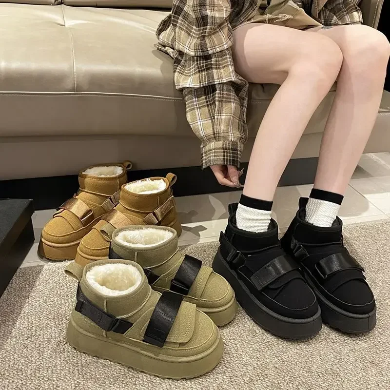 Women\'s Snow Boots 2024 Winter Plush Warm Cotton Shoes Thick Soled Short Boots Height Increase Anti Slip Cold Proof Cotton Boots