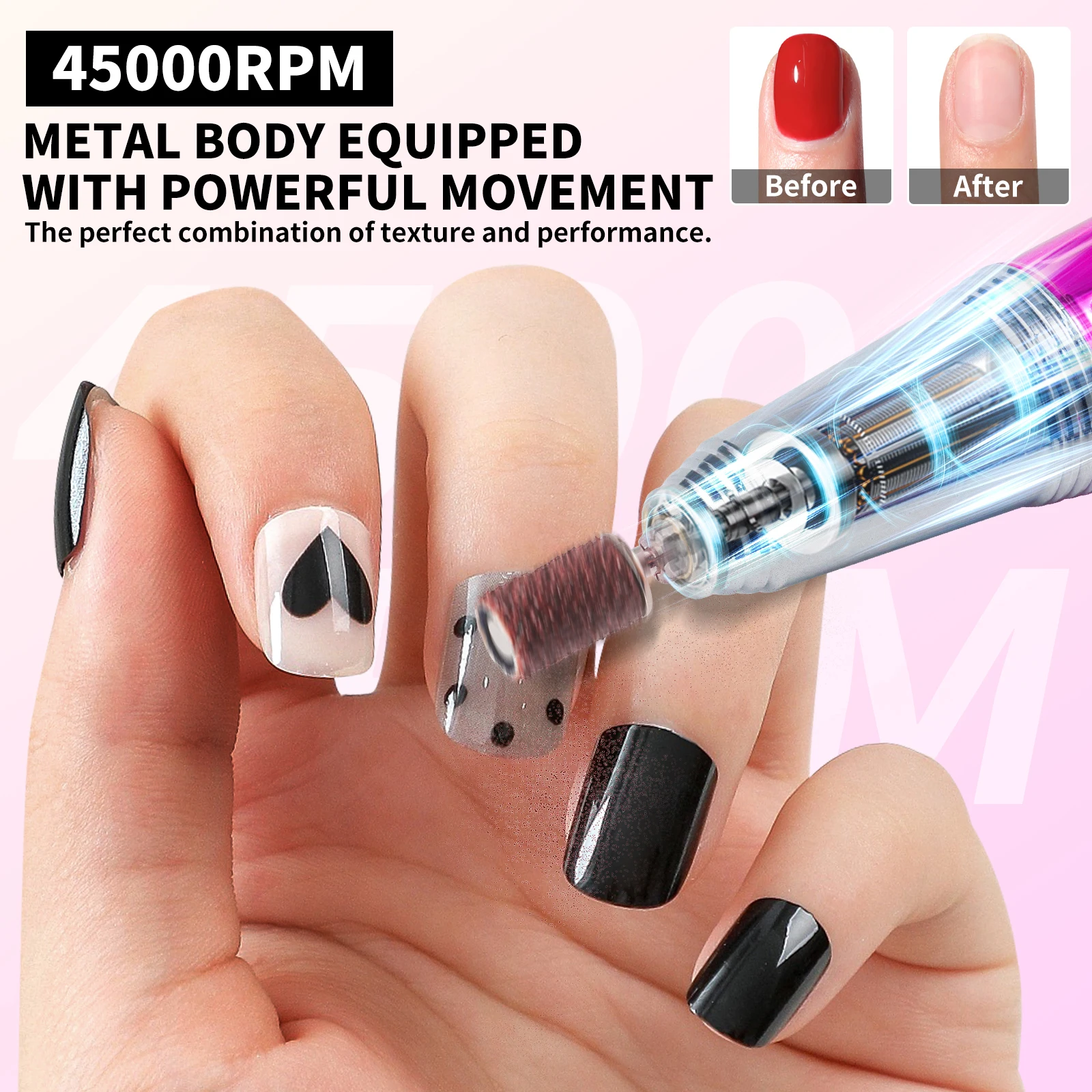 Taladro de uñas recargable de 45000RPM, Kit de lima de uñas eléctrica profesional, lima lijadora de uñas de poco ruido para herramienta de salón de manicura