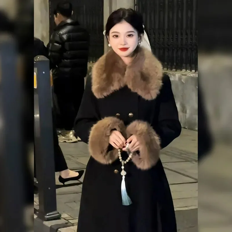 

Новое модное корейское длинное шерстяное пальто из смесового хлопка с меховым воротником Barman, двубортное пальто средней длины