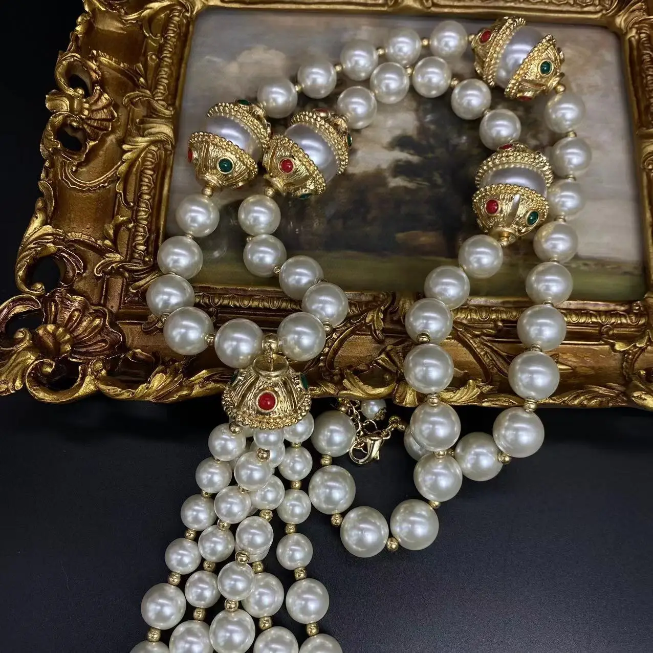 Luxury Vintage Baroque long pearl fringe necklace French delicate elegant colorful rhinestones wedding party jewelry accessories