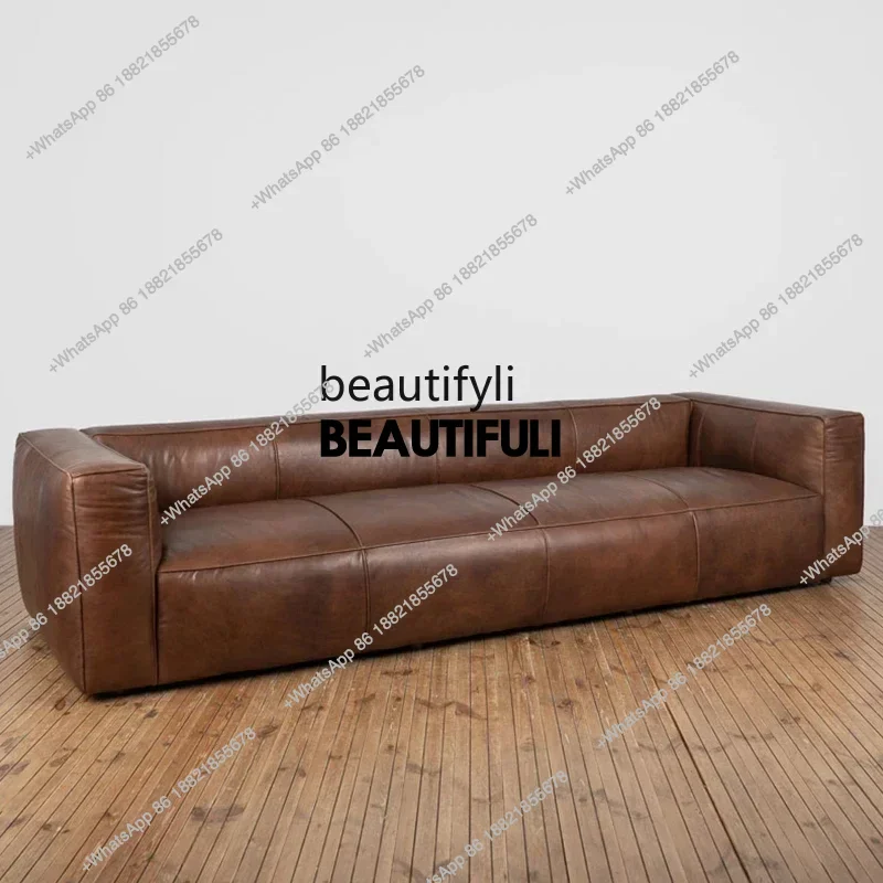 S8617American retro tofu block leather sofa designer living room oil wax leather straight row sofa