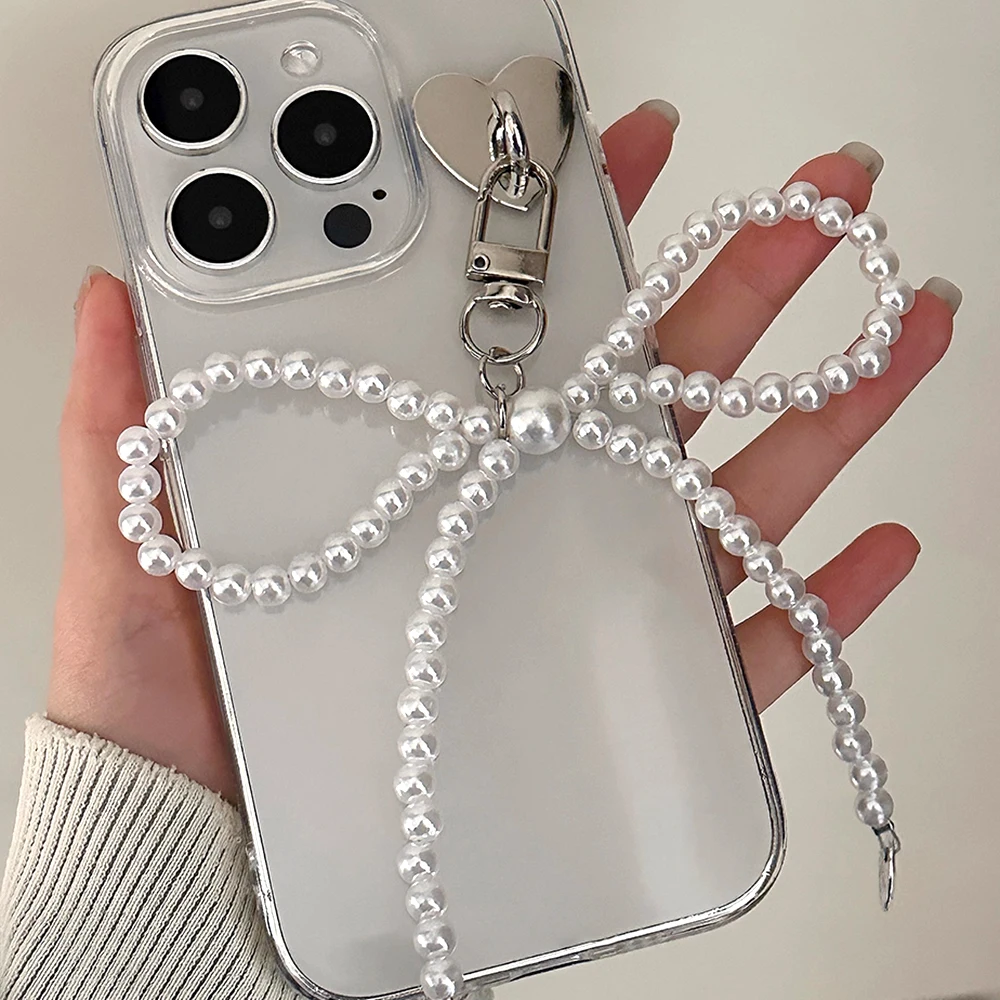 Cute Bowknot Pearl Heart Pendant Hanging Phone Wrist Chain Korean Y2K Korean Keyring Backpack Decoration Cellphone Lanyard Strap