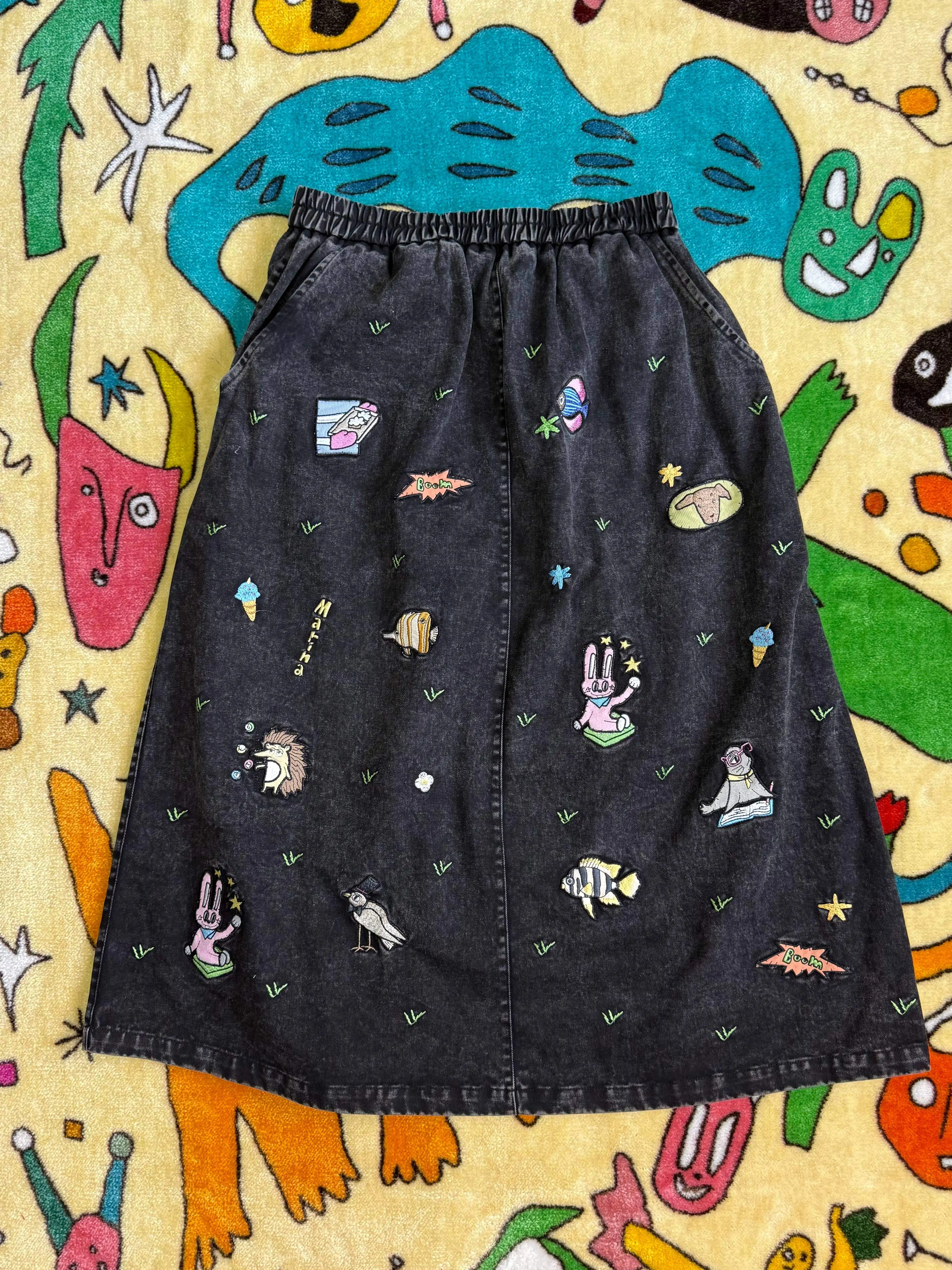 Robootoo Original Illustration Artist Cute Embroidery Heavy Embroidery Elastic Waist Versatile  Denim Skirt for Teens And...