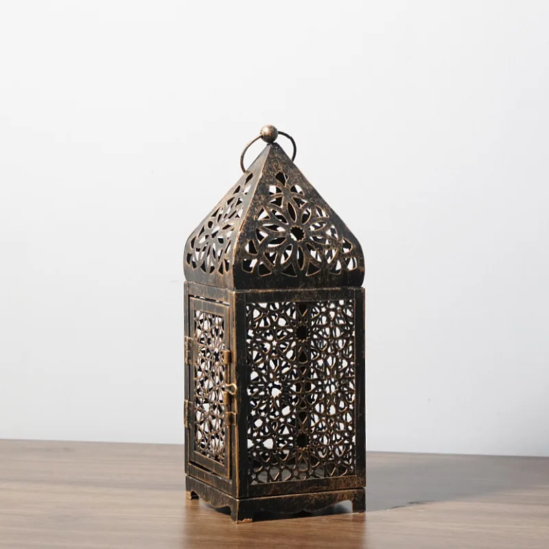 Vintage Iron Candle Lantern, Hollow Antique Holder, Handheld Ambiance Decor Ornament for Home