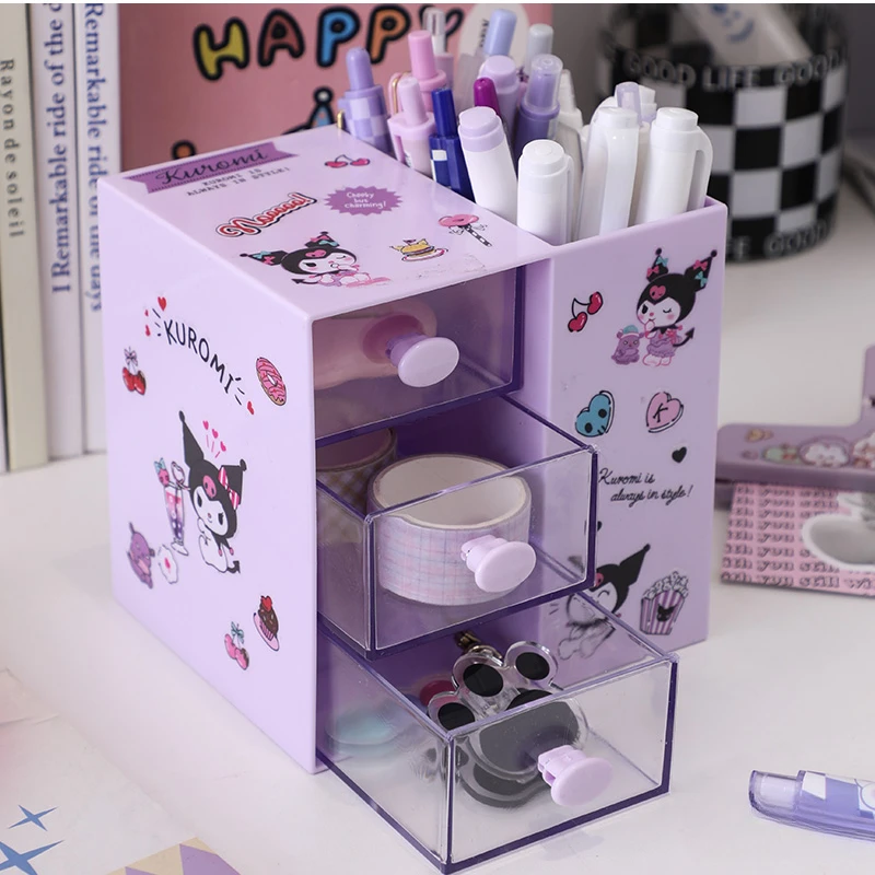 Cute Kawaii Sanrio Drawer Pen Holder Organizer with Grids Large Capacity Student Desktop Office Girls Kuromi Melody Storage Box