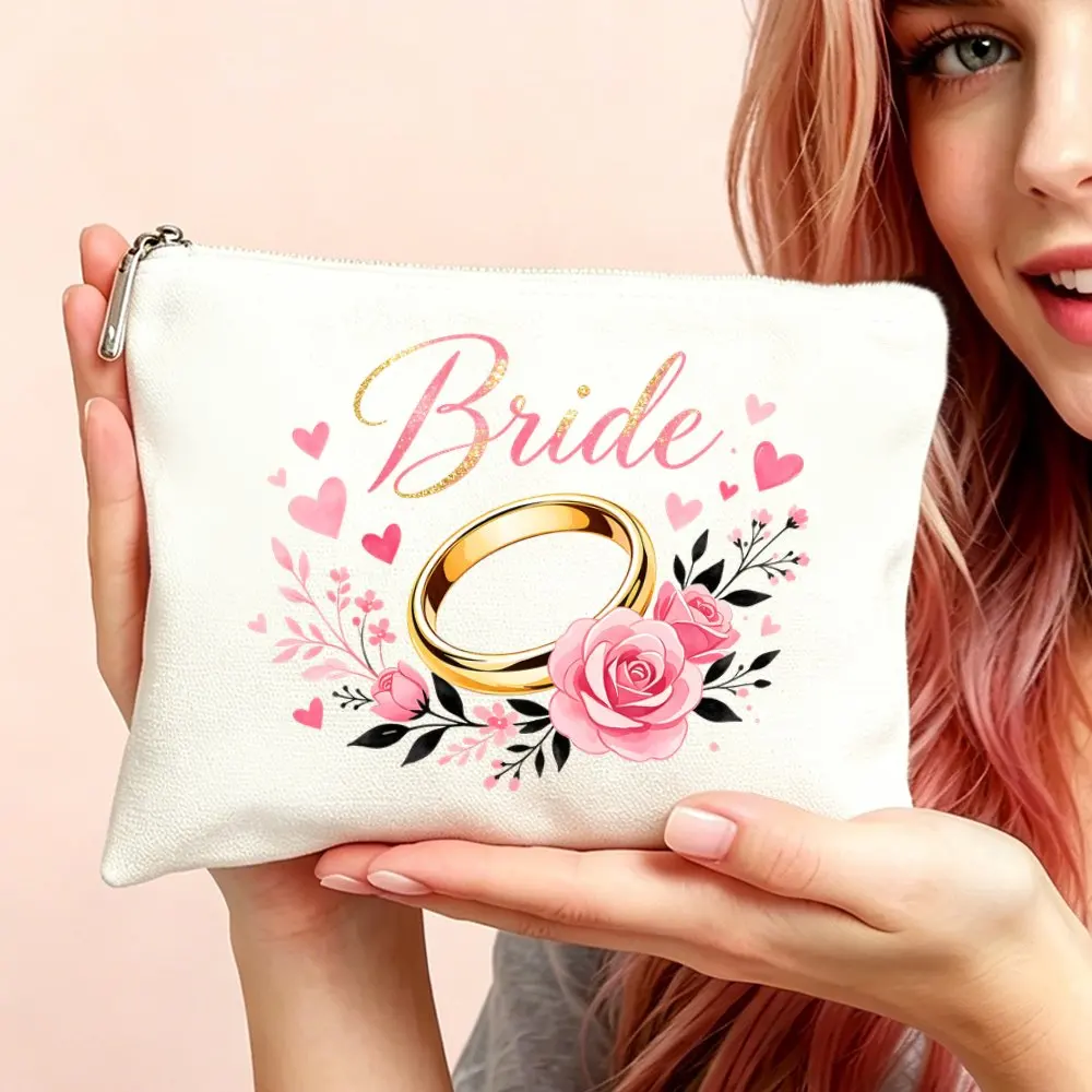 Makeup Bag Cosmetic Bags and Toiletry Pouch Versatile Use Gift for Women Bride Themed Storage Bags with Watercolor Pink
