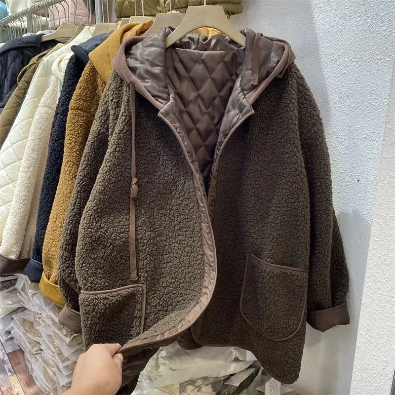 Lamb Cashmere Coat Female 2023 Autumn Winter Fashion New Patchwork Fake Two Hoodie Hoodie Loose Matching Woolen Coat Solid Color