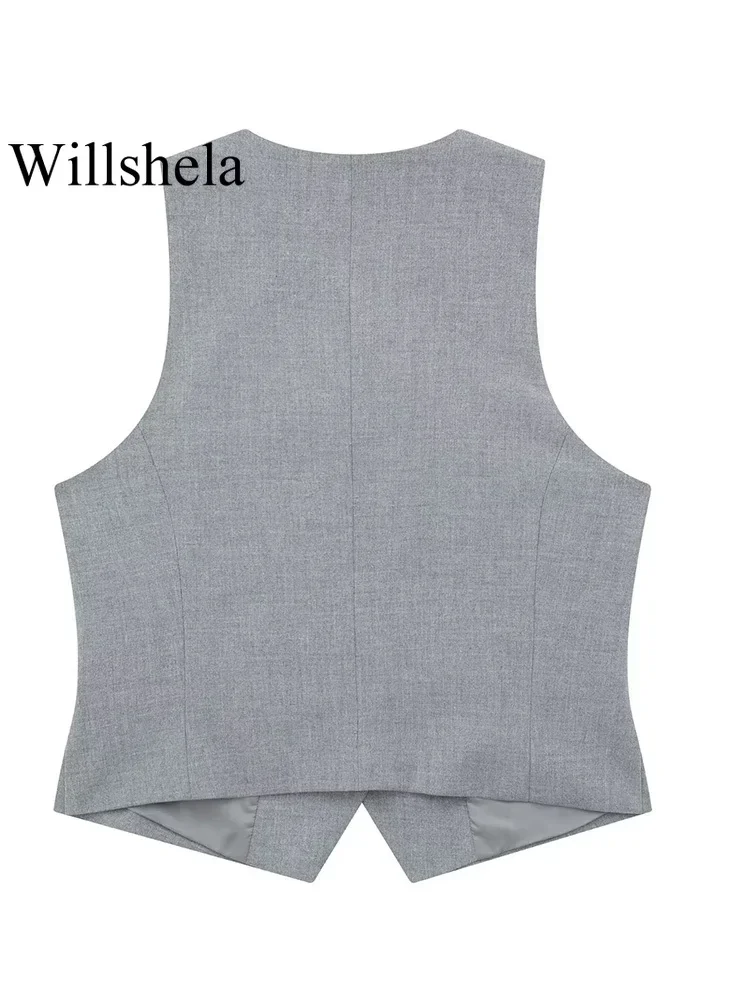 Willshela Women Fashion 2 Piece Set Grey Single Breasted V-Neck Vest & Vintage High Waist Shorts Female Chic Lady Shorts Set